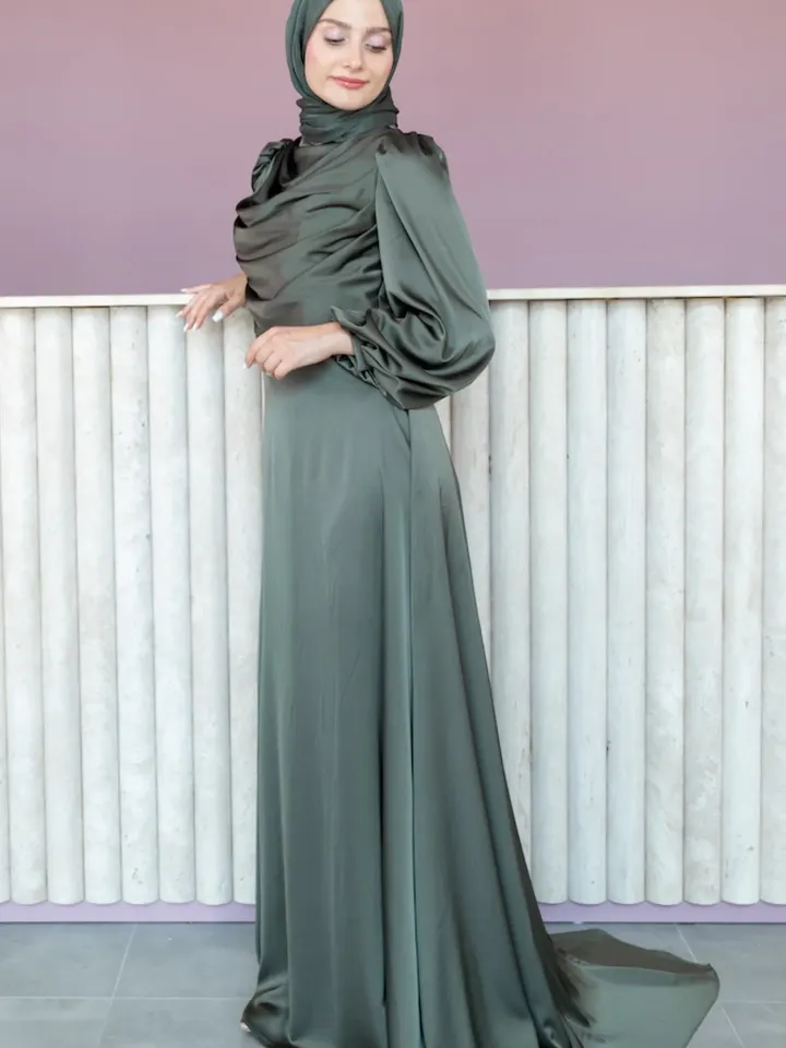 AHUNARE HIJAB - Selvi Dress, Satin Dress, Khaki Color, Muslim Evening Dress, Nikah, Wedding, Engagement, Bridesmaid, ,