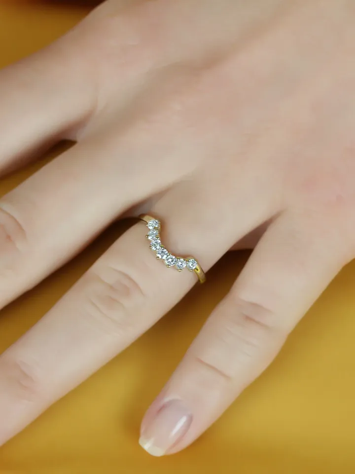 CURVED DIAMOND RING | Women Dainty Wedding Ring | 14k Solid Gold Curved Ring Band | Unique Gift For Her | Natural Diamond Wedding Ring