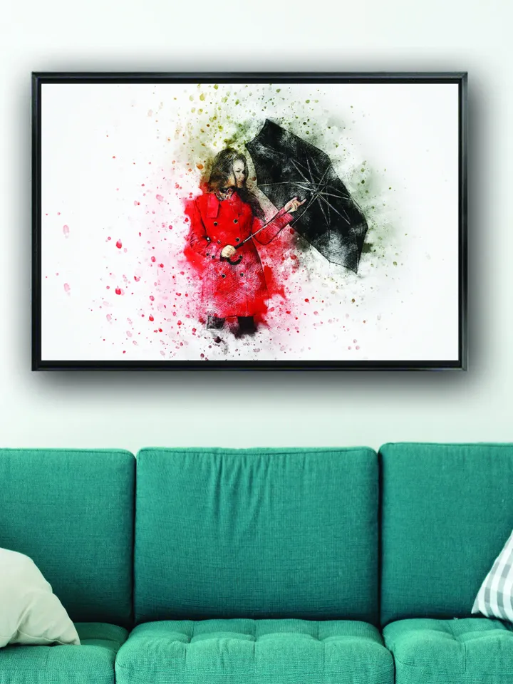 The woman with umbrella Print on Canvas , Floating Frame Option, Modern Wall Art, Extra Large Canvas Wall Art