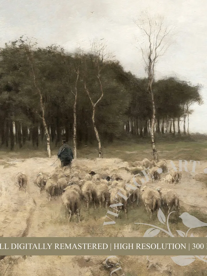 Flock of Sheep Print, Vintage Landscape Oil Painting, Large Printable Farmhouse Wall Art, Digital | 22