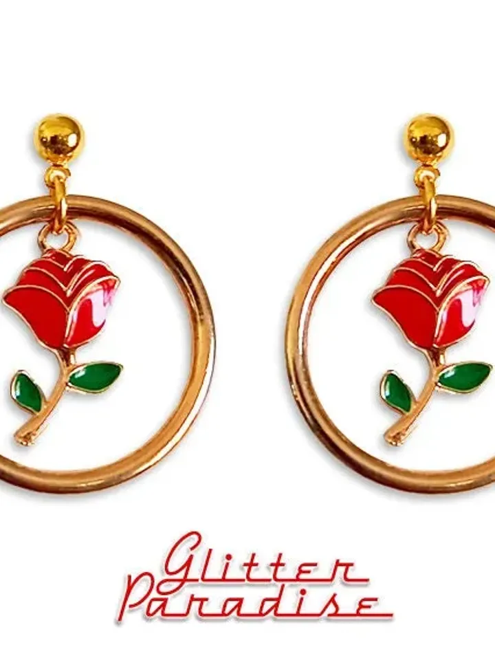 Hoops de Chingona - Earrings - Hoops and Red Rose - Rose Love - Gold Hoops & Rose - Latina Hoops - Latina Love Jewelry - Glitter Paradise®