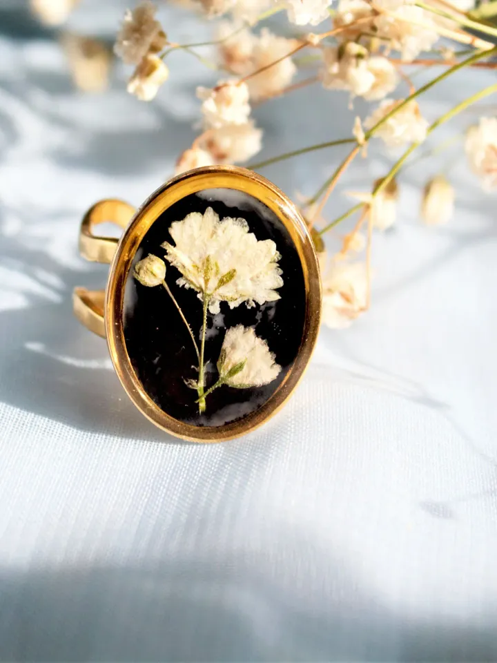 Babys Breath ring Pressed flowers Jewellery Gothic ring gold Gift for sister