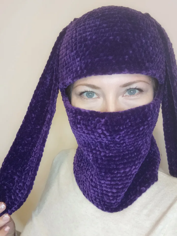 Purple bunny balaclava crochet. Fluffy balaclava with bunny ears. Kawaii bunny hat for teens.