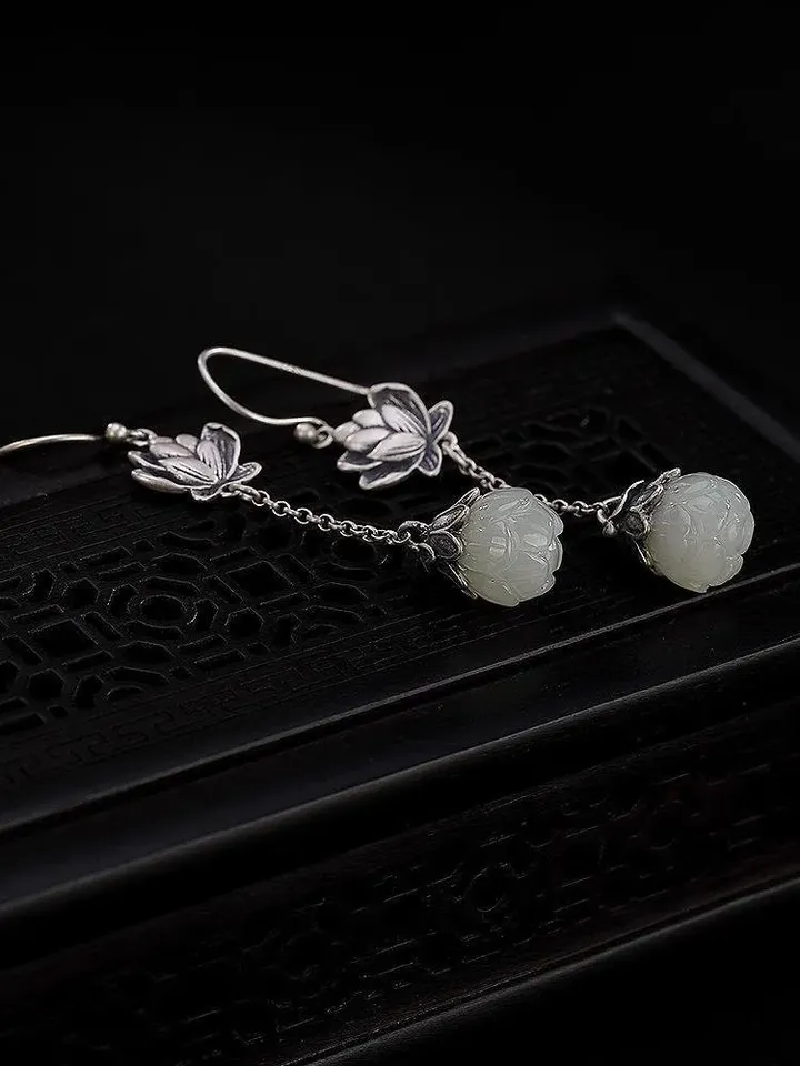 lotus flower earrings, jade lotus earrings, silver lotus earrings, lotus earrings dangle, balinese earrings, silver flower dangle earrings