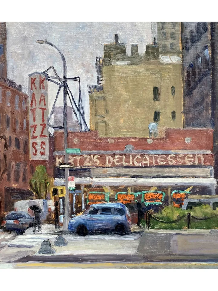 Original New York Cityscape Painting - Katz's Delicatessen/Lower East Side/NYC - 10x10 Oil on Panel, Signed New York Impressionist Fine Art