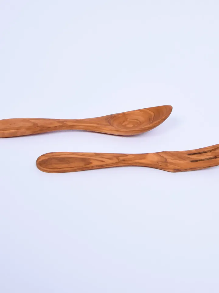 Salad Server Set (Fork + Spoon) - Made of Olive Wood - 17 cm / 6.69" - AKwood 100 percent bio products for kids and adults