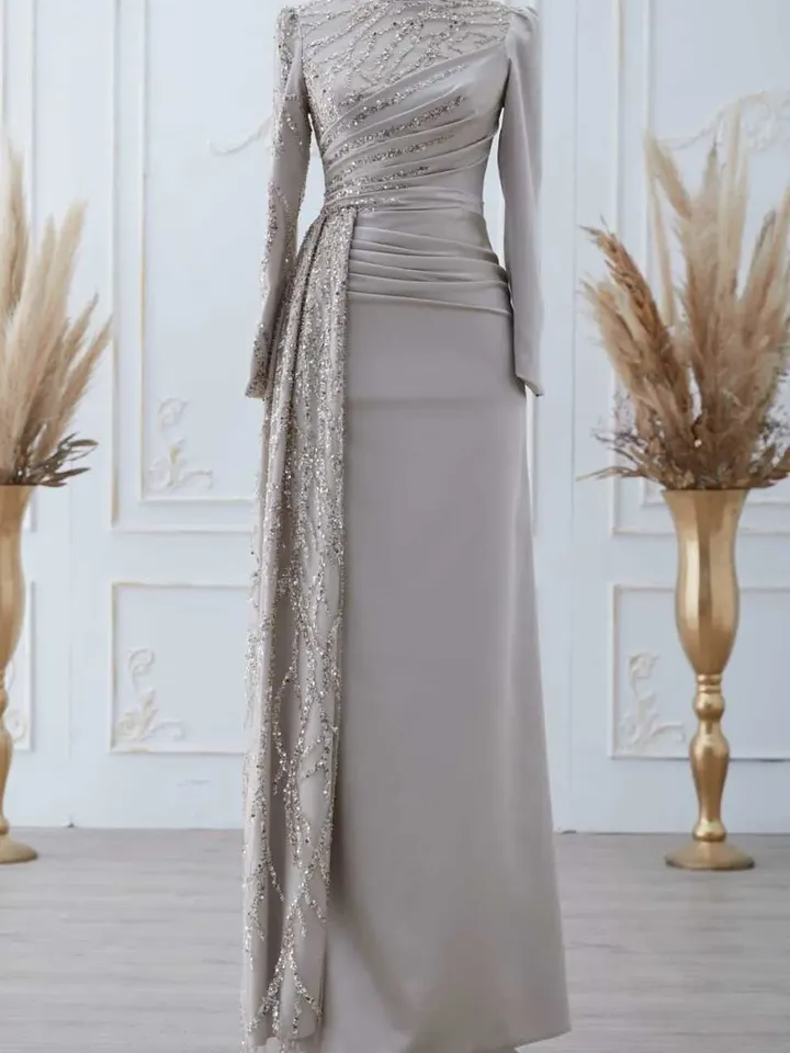 Güneş Cream Side-Tailed Satin Embroidered Ahunare Wedding Dress, Muslim Evening Gown, Islamic Wedding, Engagement, Bridesmaid, Maxi Dress