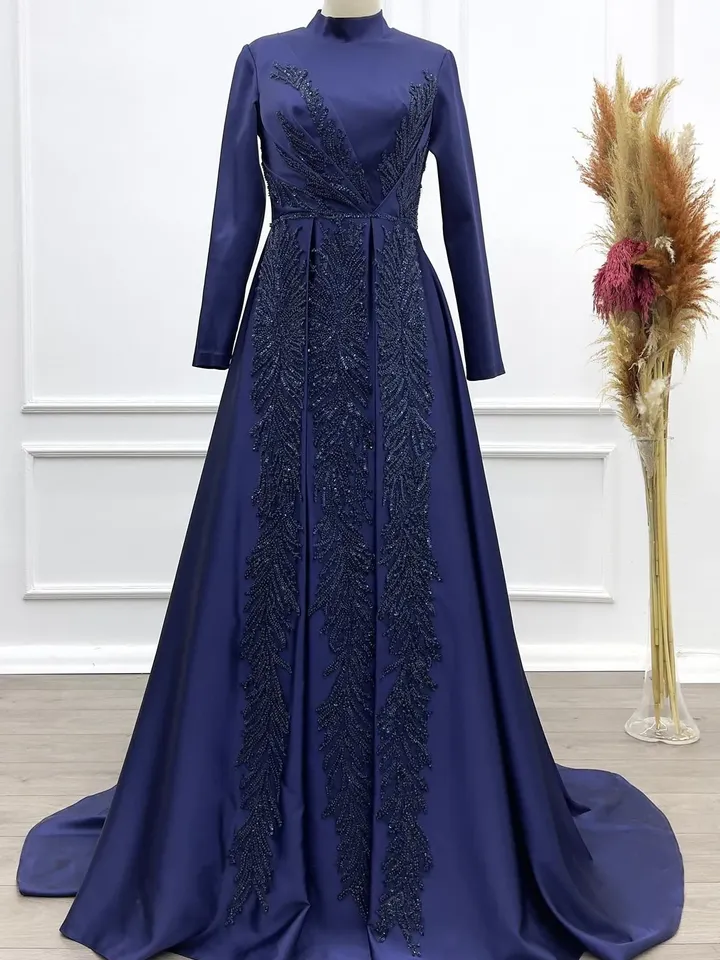 AHUNARE HIJAB - Sude  Navy Blue Embroidered Wedding Dress, Muslim Evening Gown, Nikah, Islamic Wedding, Engagement, Bridesmaid,
