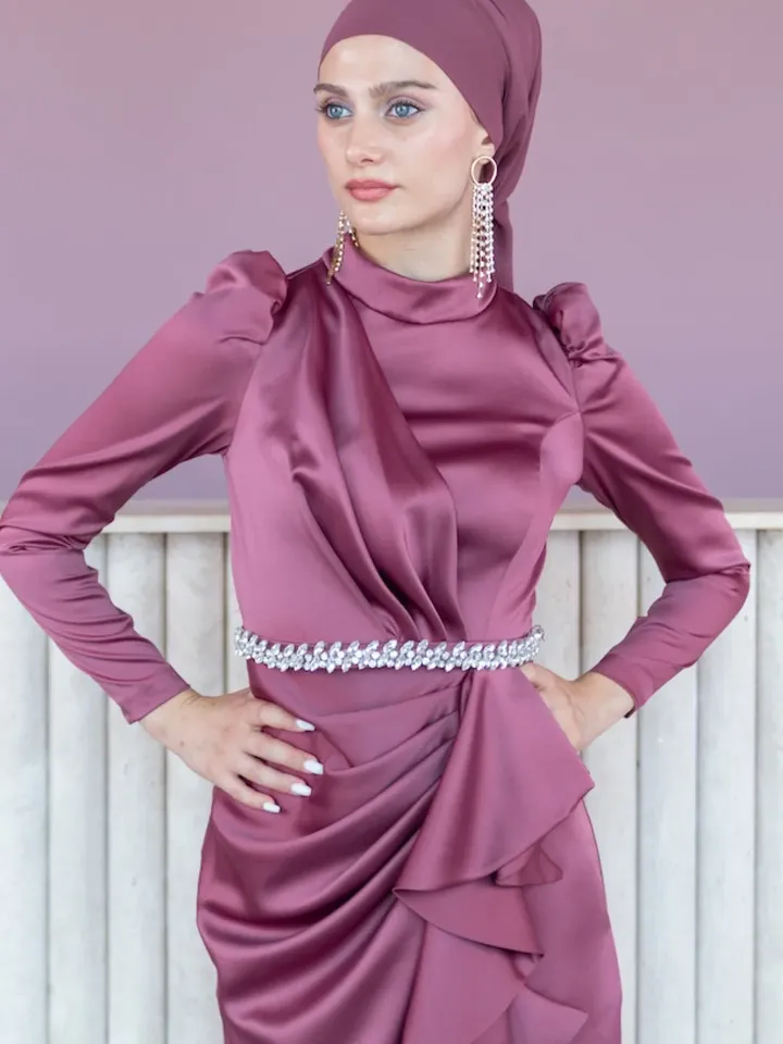 AHUNARE HIJAB - Ahunare - Buket Dress, Satin Dress, Rose Color, Muslim Evening Dress, Nikah, Wedding, Engagement, Bridesmaid, ,