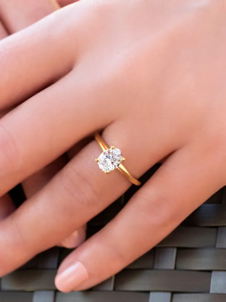 OVAL SOLITAIRE RING | 1.5 Ct Oval Cut Moissanite Diamond Ring | Halo Engagement Ring | Real diamond 14k Gold Ring Band | Oval Wedding Ring