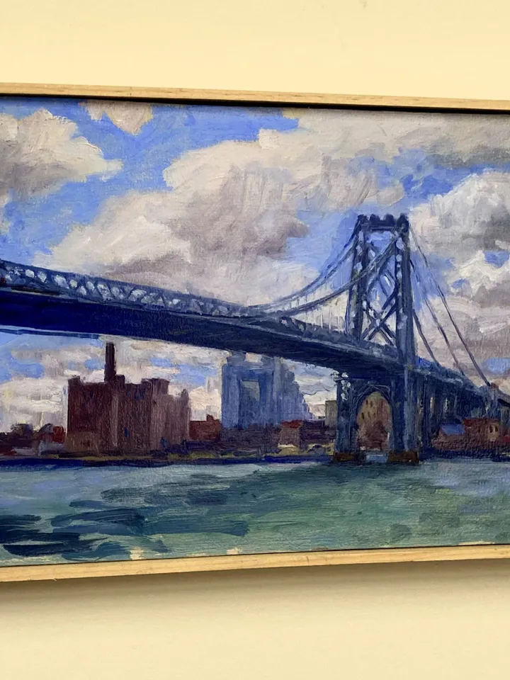 New York City Oil Painting - Williamsburg Bridge/NYC- 10x20 Oil on Panel, Plein Air Urban Impressionist Fine Art, Signed and Framed Original