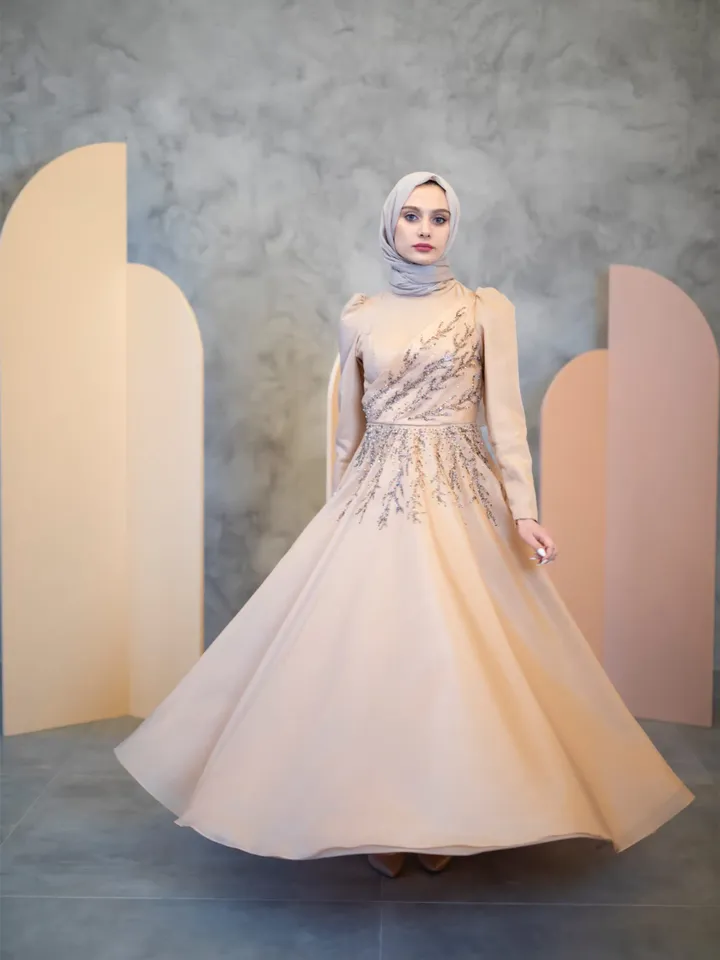AHUNARE HIJAB - Dilnur Beige Embroidered Wedding Dress, Muslim Evening Gown, Nikah, Islamic Wedding, Engagement, Bridesmaid,