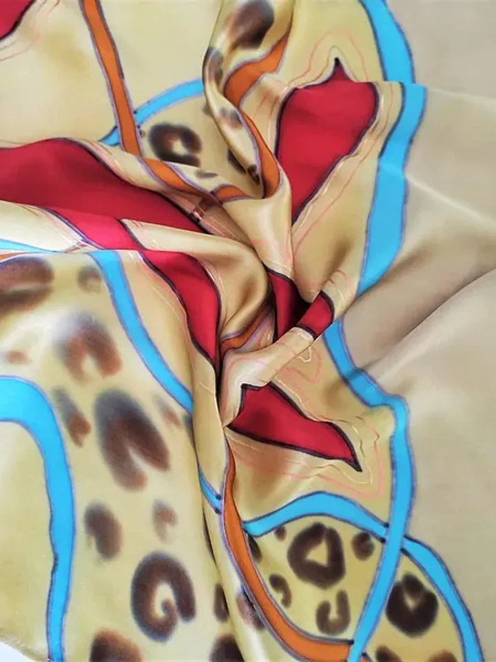 Small square silk neck scarf Red and gold silk scarf hand painted batik