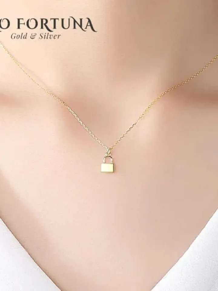14K Gold Simple Padlock Lock Necklace Jewellery for Women, Gift, Anniversary, Love, Party, Minimalistic, Casual, Valentines