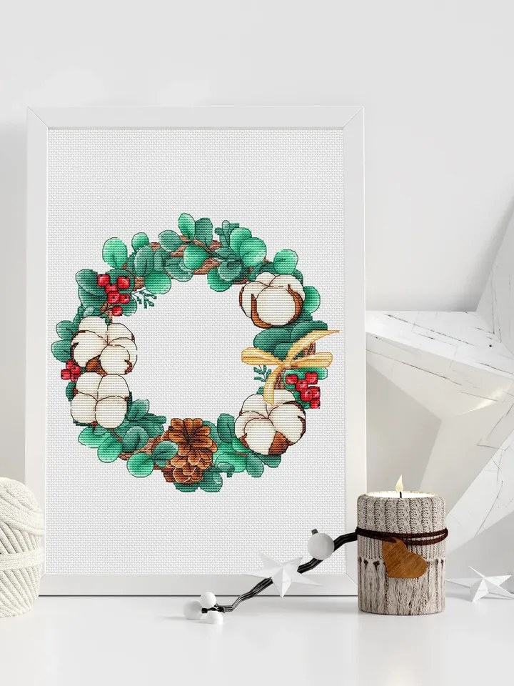 Christmas Wreath Cross Stitch Pattern PDF, Winter Cross Stitch Chart Instant Download, New Year Hand Embroidery Pattern