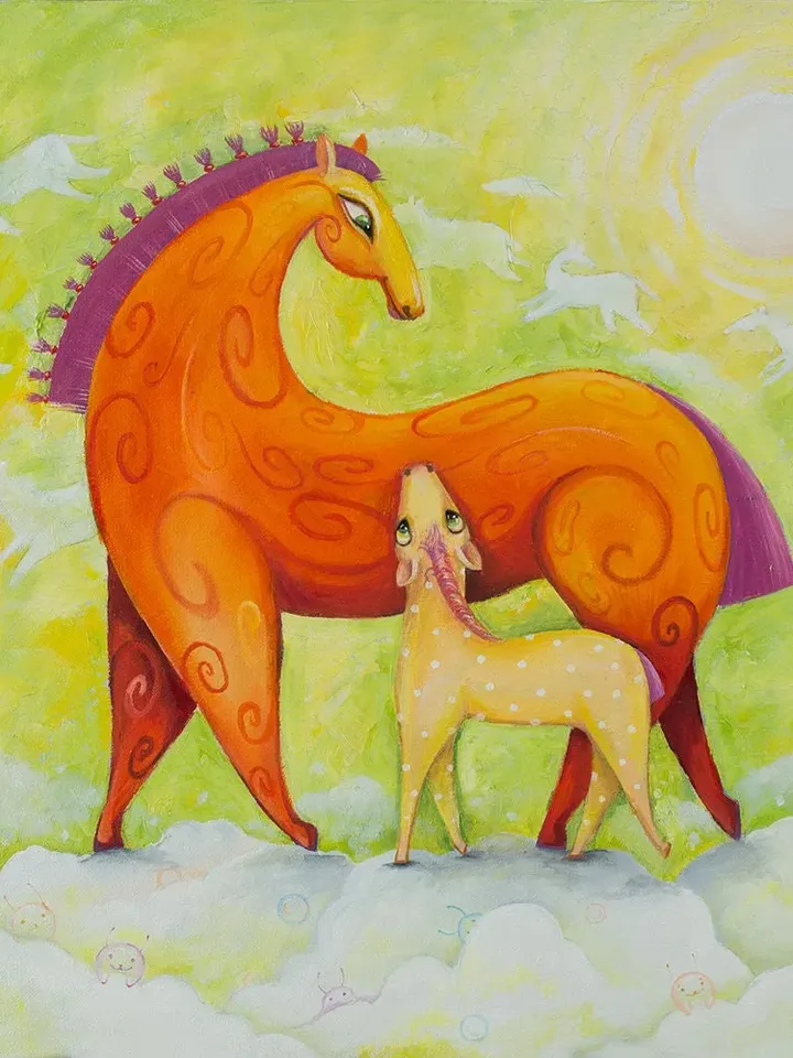 Orange sunny Horses on the clouds, Horse and foal, Bright decorative painting, Wall decor, Red stallion, Poster from the original painting