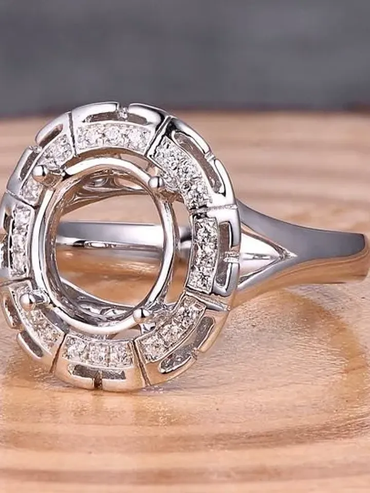 Solid 14K White Gold 7X9MM Oval Shape Fashion Semi Mount Ring / Diamond Ring