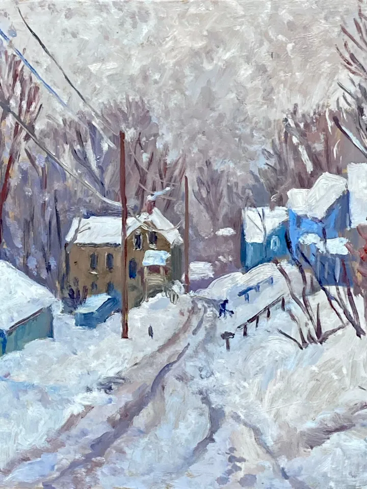 Original Winter Landscape Painting -Toward Vermont/Snow Day- 12x12 Oil on Panel, Plein Air Impressionist Scene, American Fine Art