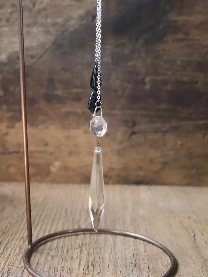 Vintage chandelier crystal pendulum, Silver Tone and Crystal Pendulum with Black Stone Handle, Unique Pendulum