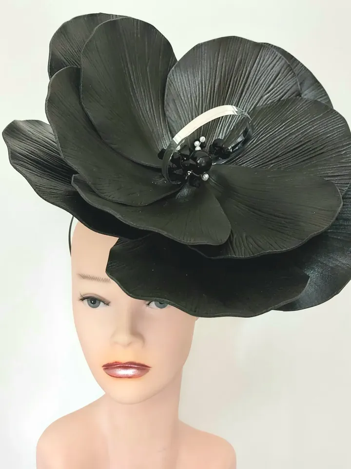 Giant anemone hat Black fascinator Derby headpiece Flower headband Church hat Flower hairpins Gothic style Halloween costume