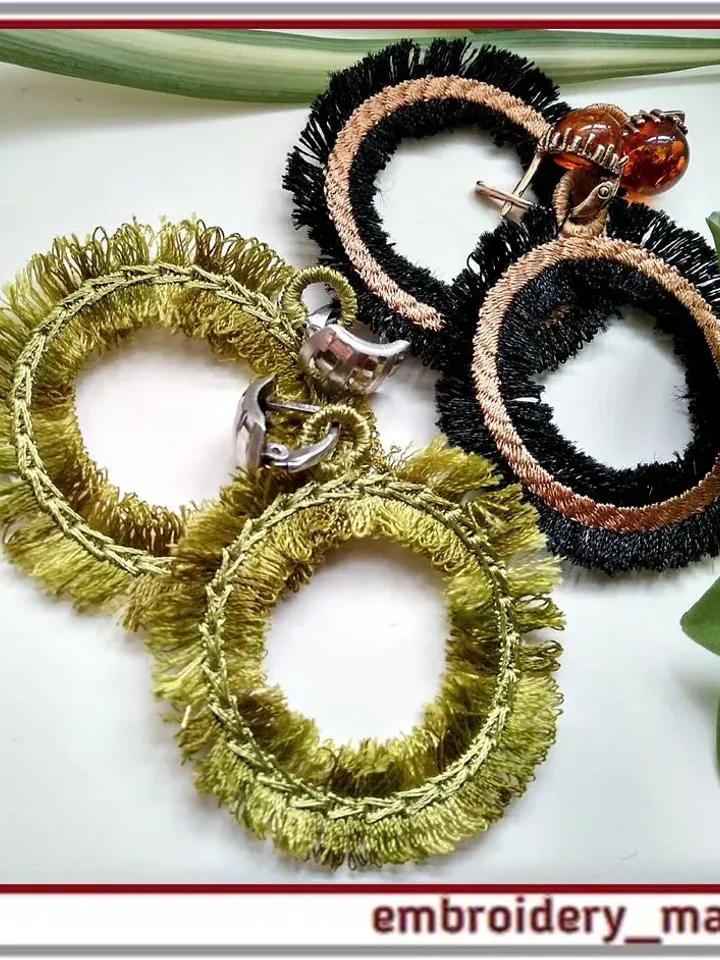 In the hoop embroidery design FSL Fringed ring quirky earrings.