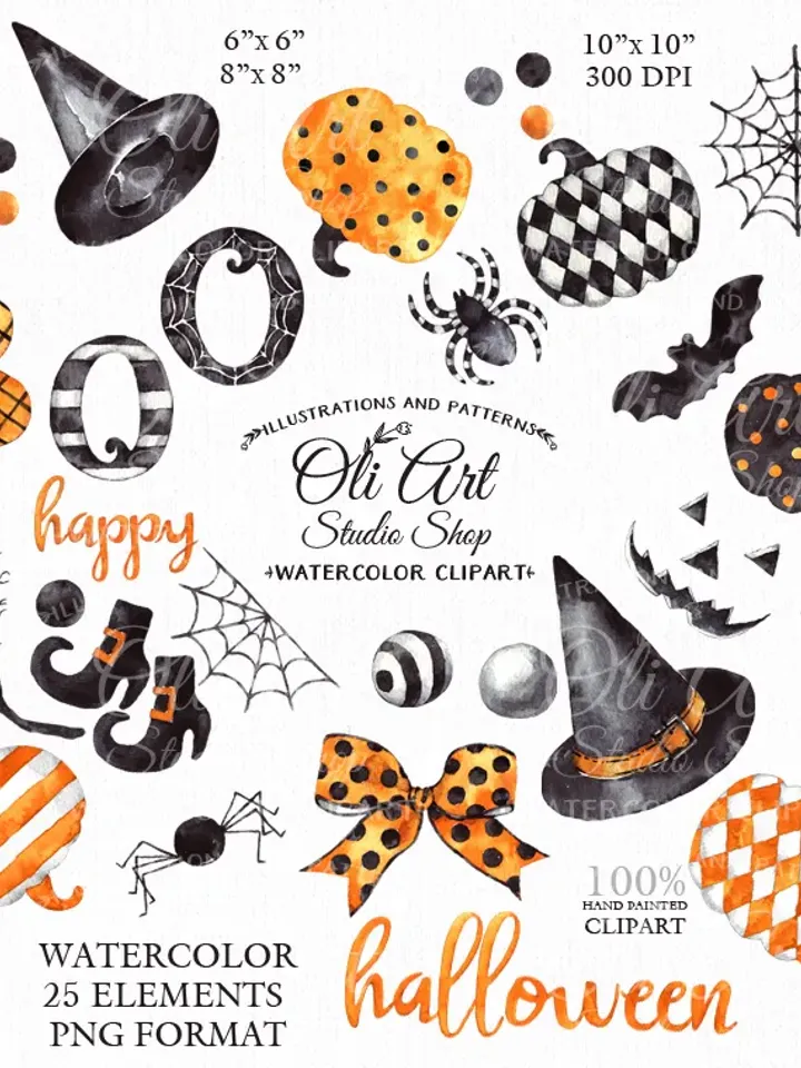 Happy HALLOWEEN clipart. Watercolor Fall, Halloween, Hand painted clipart 25 elements PNG. OliArtStudioShop