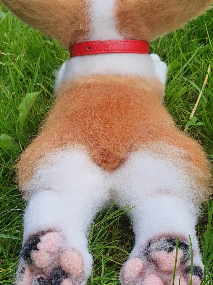 Corgi realistic puppy toy made of natural wool. Collectible toy pembroke corgi dog