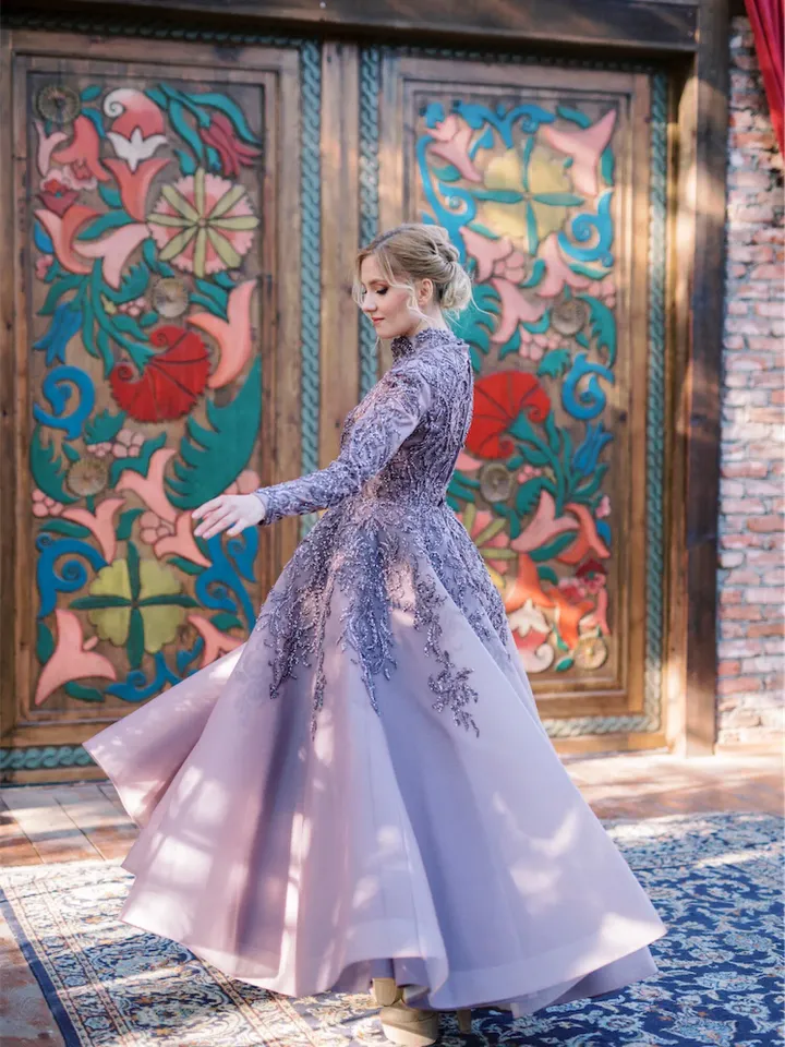 AHUNARE HIJAB - Romantik Lavender Embroidered Wedding Dress, Muslim Evening Gown, Nikah, Islamic Wedding, Engagement, Bridesmaid,