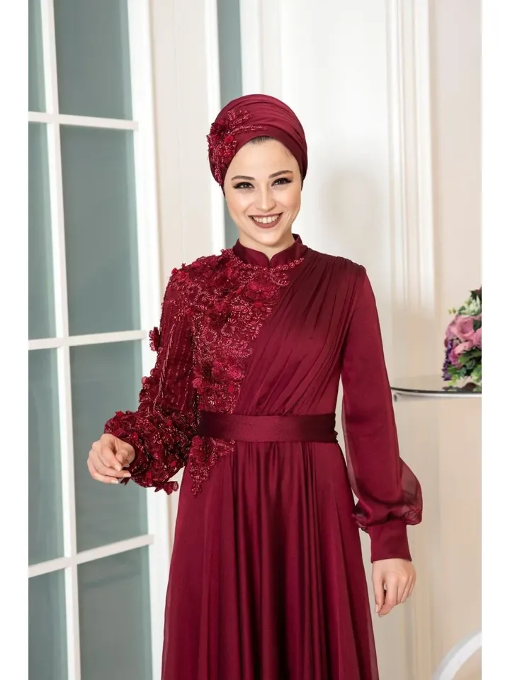 AHUNARE HIJAB - Melissa Burgundy Chiffon Belted Wedding Dress, Muslim Evening Gown, Nikah, Islamic Wedding, Engagement, Bridesmaid,