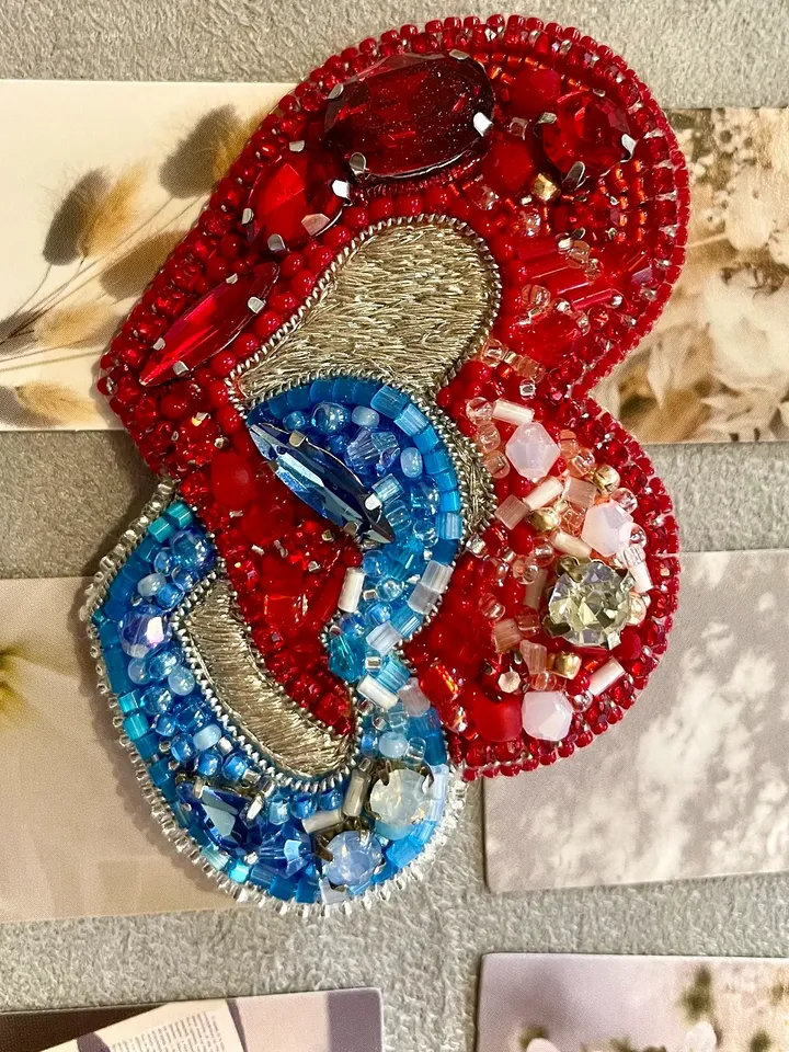 Beaded Brooch Hearts in Red and Blue Color, Handmade Embroidered Accessory, Pin Brooch, Heart Brooch