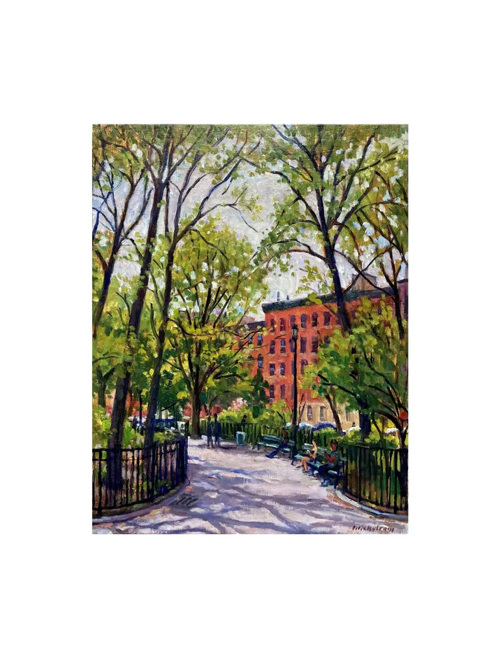 New York Cityscape Painting - From Tompkins Square Park/East Village NYC - 14x18 Oil on Canvas, Impressionist Landscape, Signed Original
