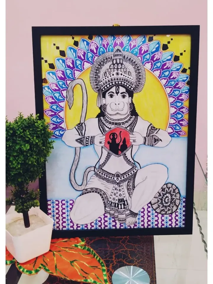 Mandala painting of hanuman ji on acrylic for home decoration.