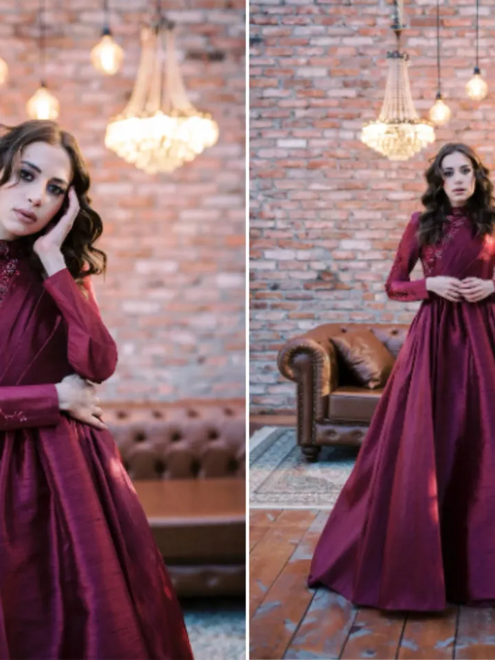 AHUNARE HIJAB - Şakayık Burgundy Taffeta Princess Wedding Dress, Muslim Evening Gown, Nikah, Islamic Wedding, Engagement, Bridesmaid,