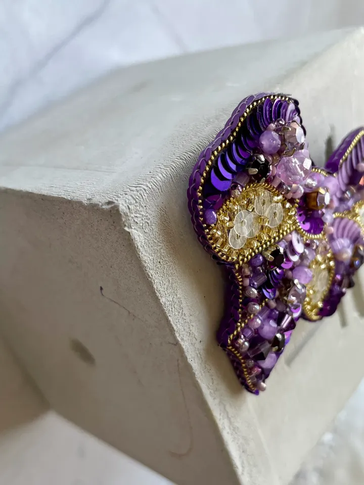 Beaded Brooch Exquisite Purple Bow In Gold, Handmade Embroidered Jewelry, Delicate Brooch, Pin Purple, Embroidery