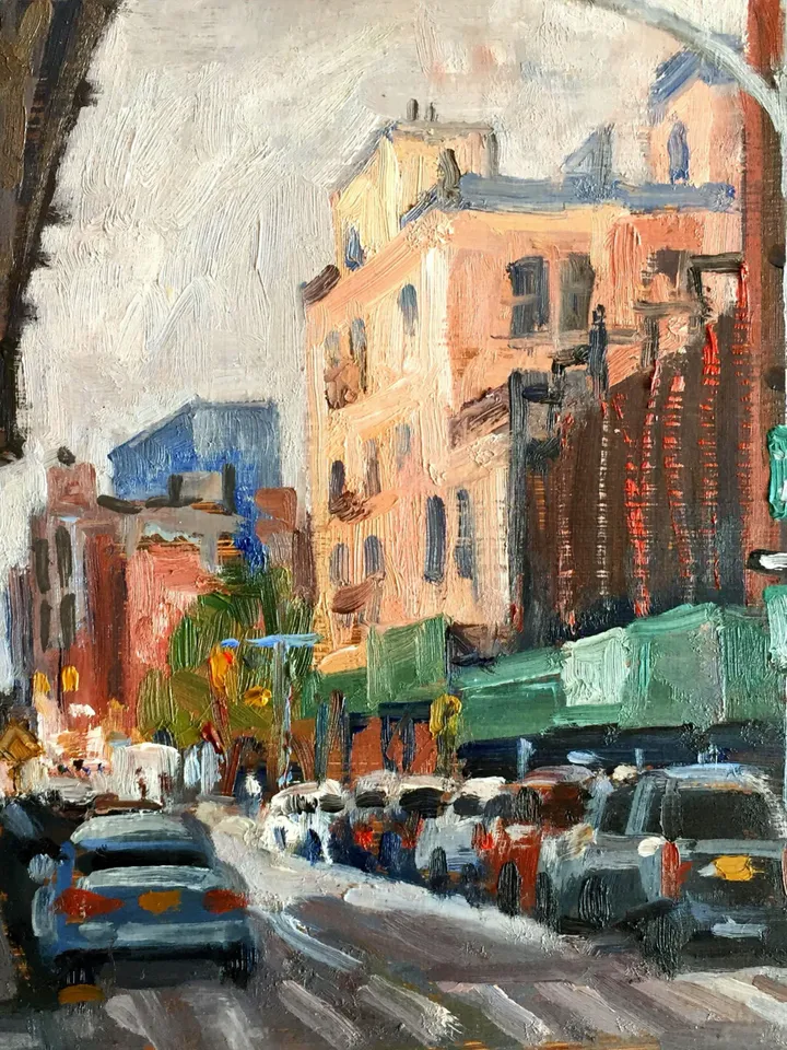 Original New York City Landscape Painting - Morning/Pitt and Delancey/LES/NYC- 8x10 Oil on Panel, Plein Air Impressionist Cityscape,
