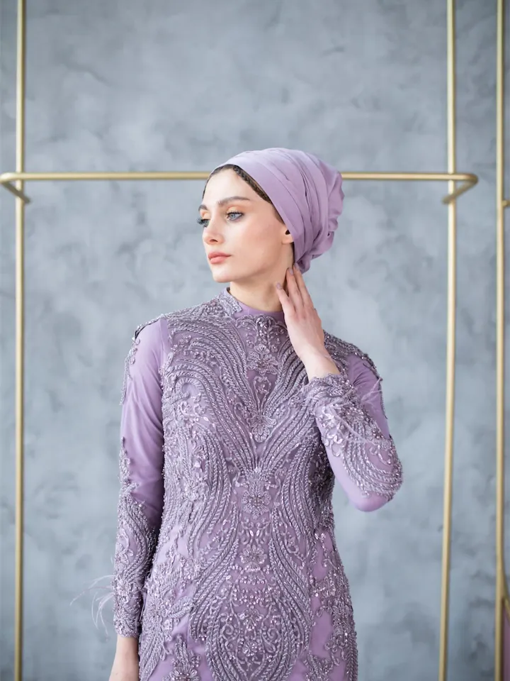 AHUNARE HIJAB - Laiya lilac Mermaid Embroidered Handwork Wedding Dress, Muslim Evening Gown, Islamic Wedding, Engagement, Bridesmaid,