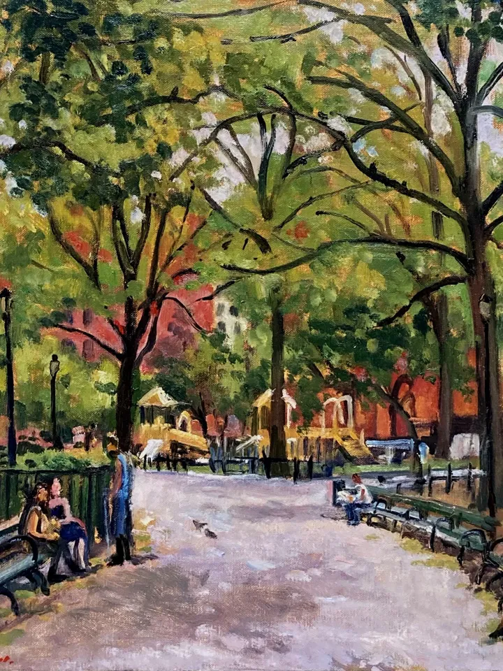 Large New York Cityscape Painting -From Tompkins Sq Park/East Village NYC- 16x16 Oil on Canvas, Urban Impressionist Signed Original