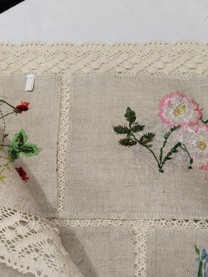Beautiful table napkin or wall hanging with embroidery flowering herbs, pure, raw, thick, linen. Hand embroidery.
