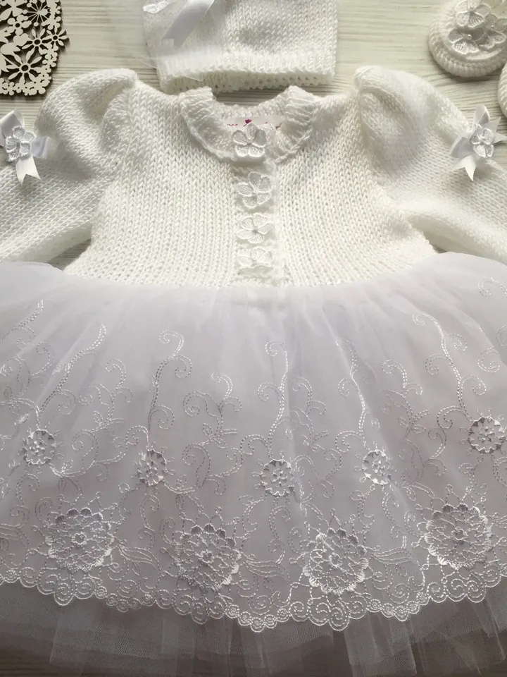 Christening gown for girl.Baptism outfit for girl. Knitting baptism gown. Tutu dress. White outfit for christening.Take home outfit for girl