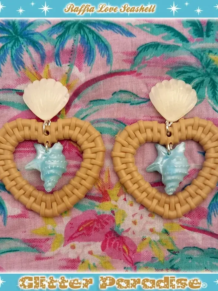 Rattan Love Seashell - Earrings - Rattan Raffia Jewelry - Heart Earrings - Sea Summer Earrings - 1950s Seashell Earrings - Glitter Paradise®
