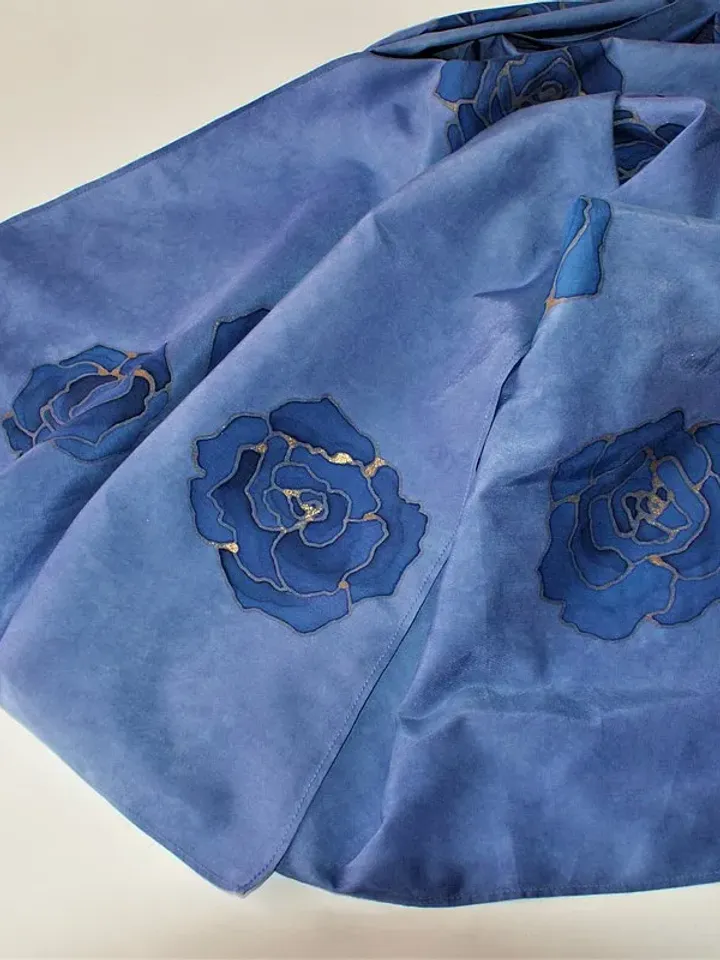 Silk cotton blend scarf Hand painted scarf Indigo blue scarf wrap Floral scarves
