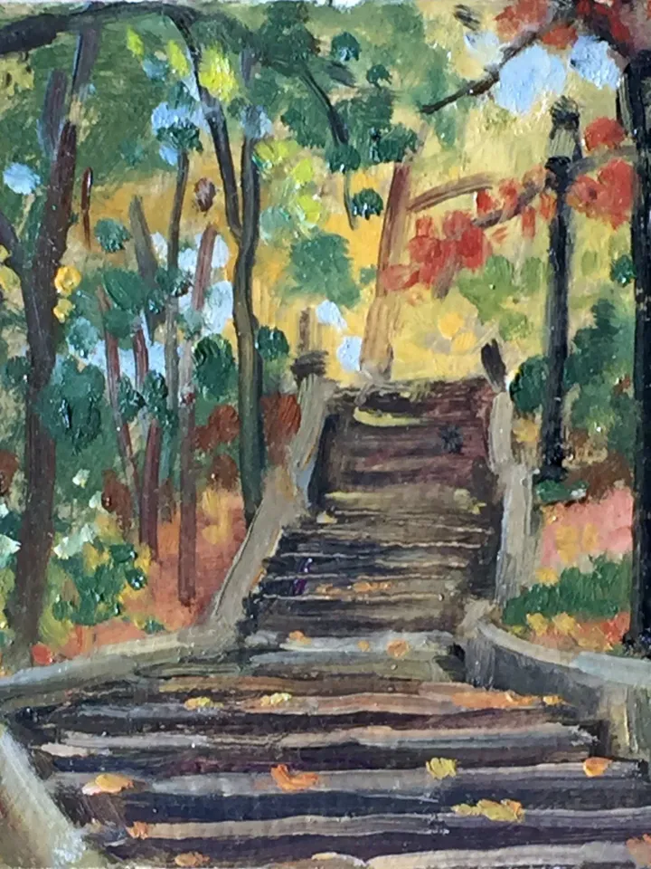 Small New York Park Landscape Painting - Isham Steps/Autumn - 6x6 Oil on Panel, Urban Impressionism, American Fine Art, Signed NYC Original