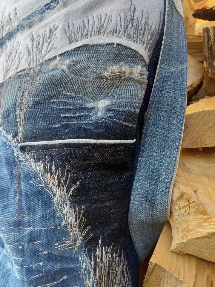 Blue denim ,jeans bag ,upcycling , Bag with winter landscape