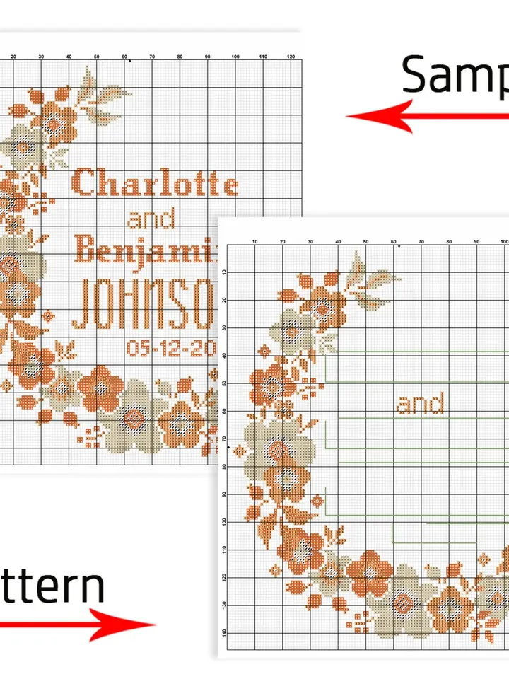 Wedding cross stitch pattern. Floral Wreath cross stitch pattern. DIY. Flower frame.