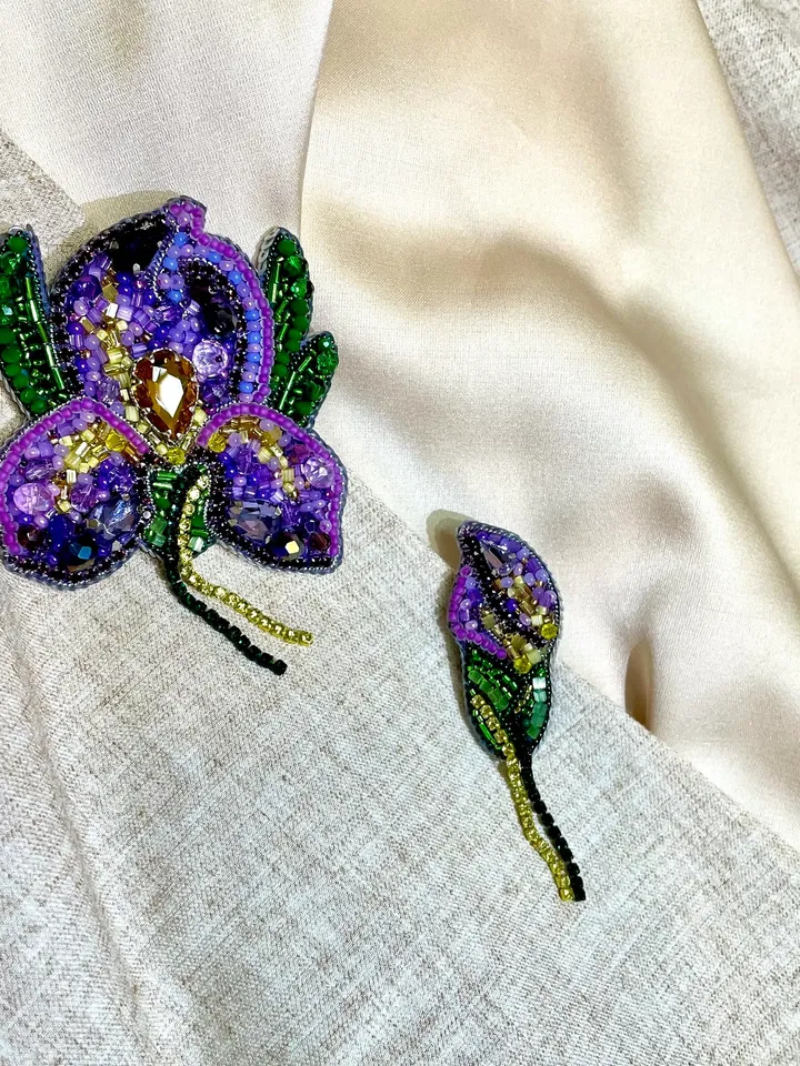 Iris Set of Beaded Brooches, Handmade Embroidered Accessory, Pin Flower of Purpel and Golden Colors, Flower Brooch