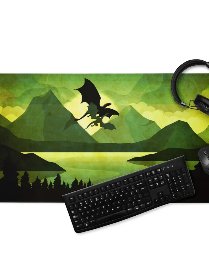 Green Dragon Gaming Mousepad | Fantasy Landscape TTRPG Battle Mat, DnD Dice Rolling Mat, Wide Gaming Mouse Pad, Pathfinder Combat Mat