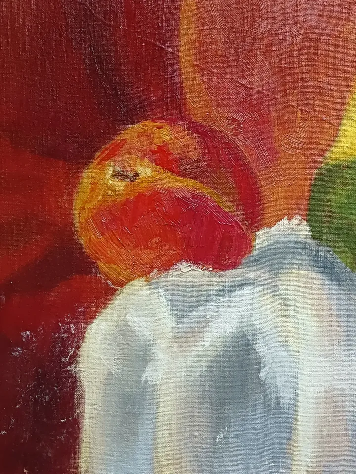 "Peach, pear and pomegranate" fruit oil painting still life original wall art picture small