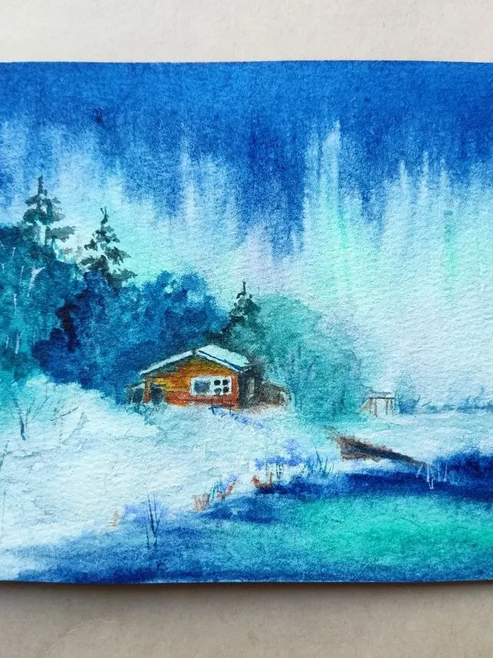 Northern lights landscape painting watercolor miniature 5 by 7.5