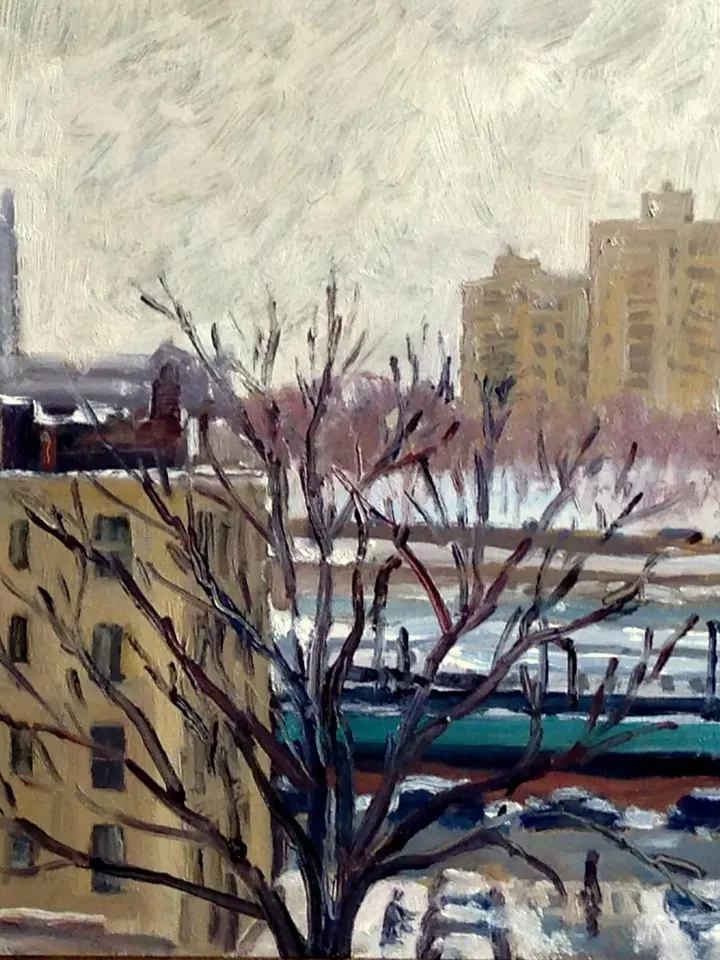 Original Winter Cityscape Painting - Inwood Snow Day/Bronx View - 11x14 Oil on Panel, NYC Urban Impressionism, Signed New York Landscape