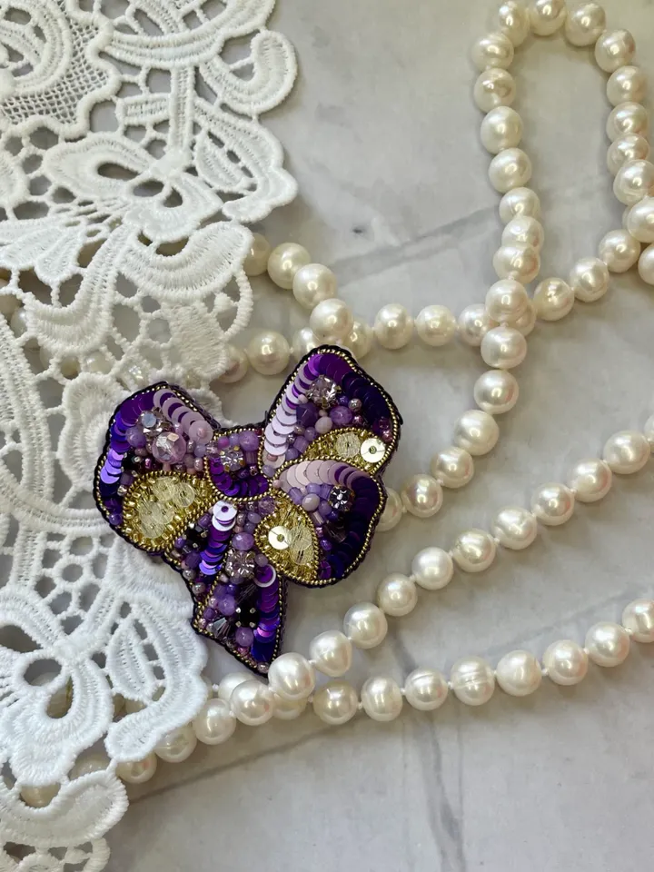 Beaded Brooch Exquisite Purple Bow In Gold, Handmade Embroidered Jewelry, Delicate Brooch, Pin Purple, Embroidery